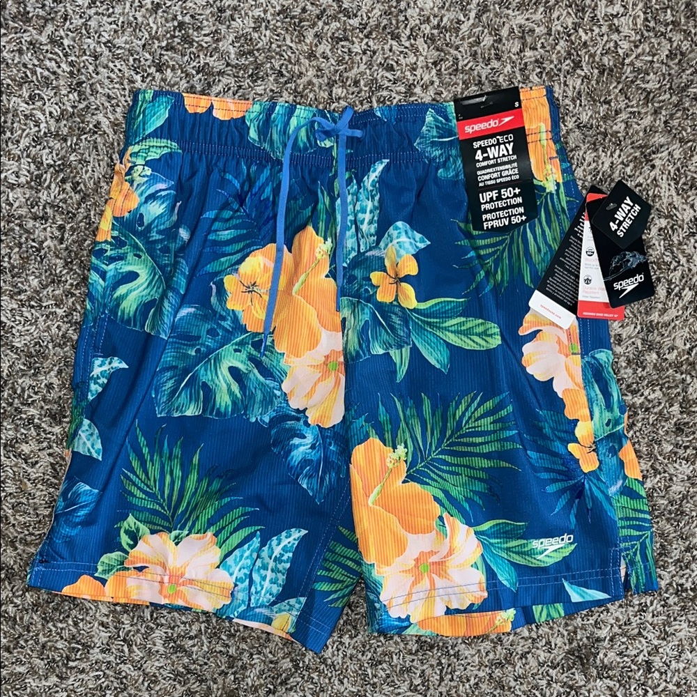 Speedo Men's Tropical Blue and Orange Swim Shorts 4 way stretch